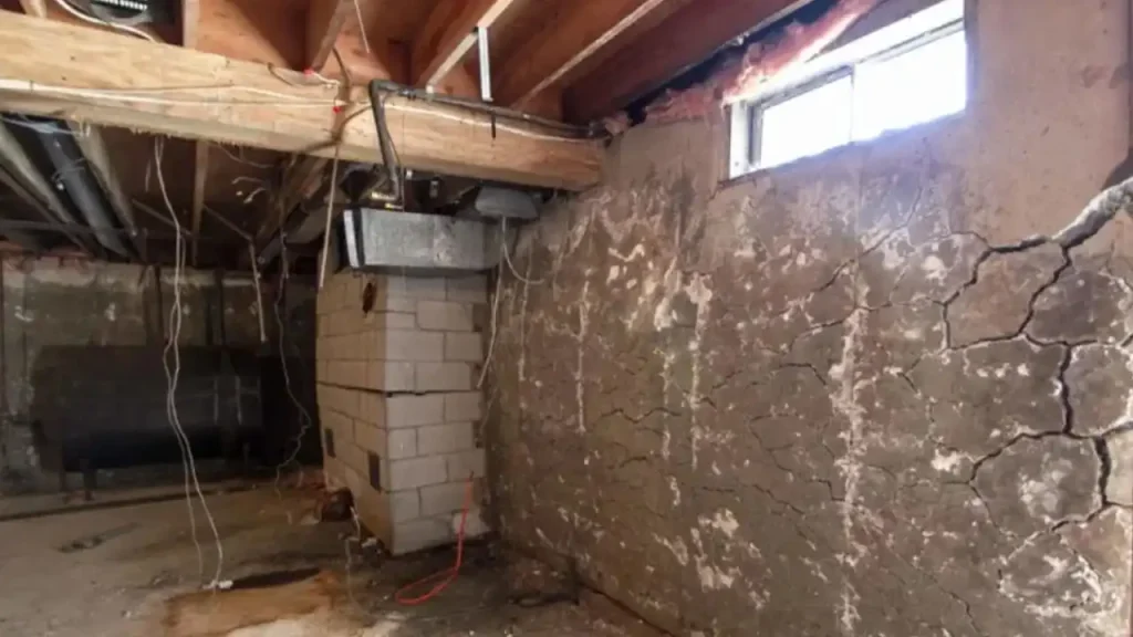 Unfinished basement with block piers and wooden beams needing inspection in Boston.