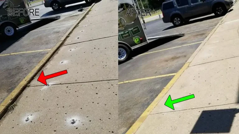 Before and after concrete levelling of a sunken sidewalk in Boston by Boston Foundation Repair Pros, eliminating a trip hazard.
