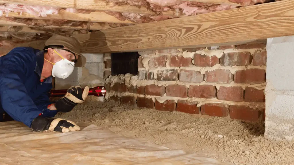 Crumbling brick foundation wall inside a crawl space requiring repair in Boston.