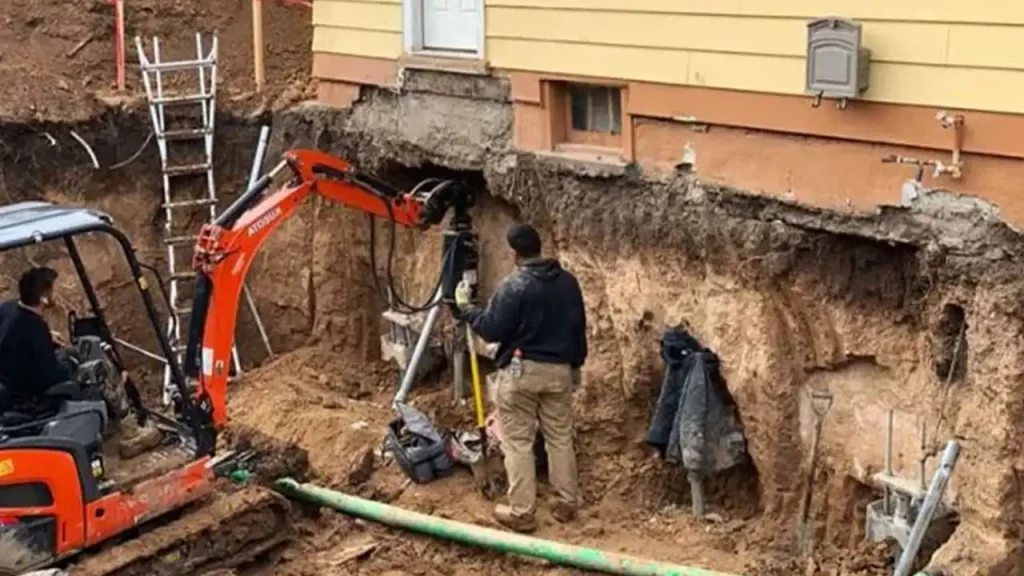 Excavation work for foundation repair and waterproofing in Boston.