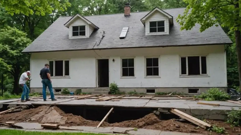 House showing signs of foundation settlement, prepared for repair in Boston.