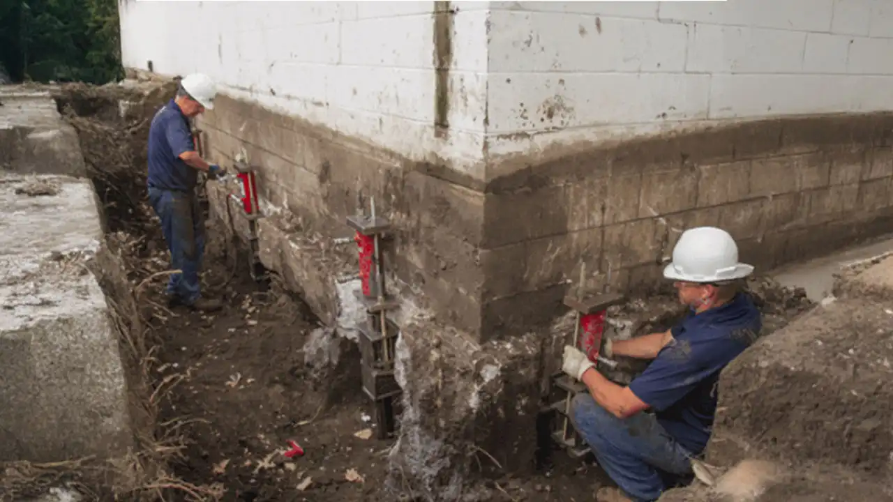 Technician repairing a crack in a concrete block foundation corner in Boston.